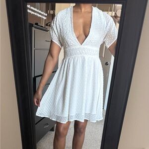 White Smocked Ruffled Sundress with Plunge Neckline for Wedding Guest